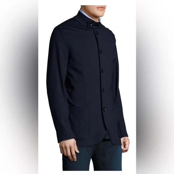 Armani Collezioni Men's Stand Collar Knit Jacket in Dk Navy, L
